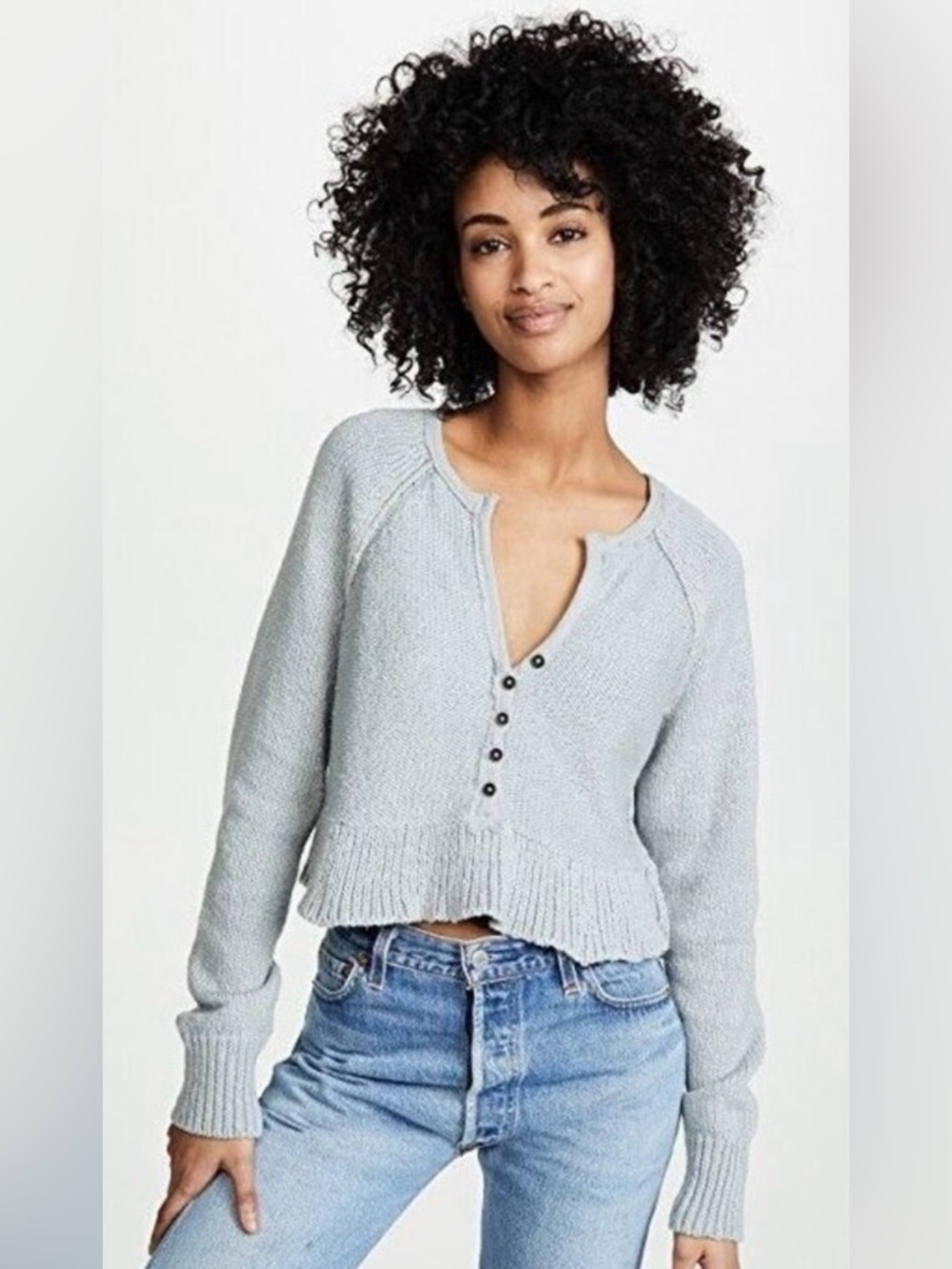 Lovely Women’s Free People Pullover Sweater Top Henley Blue Cotton Size S/P